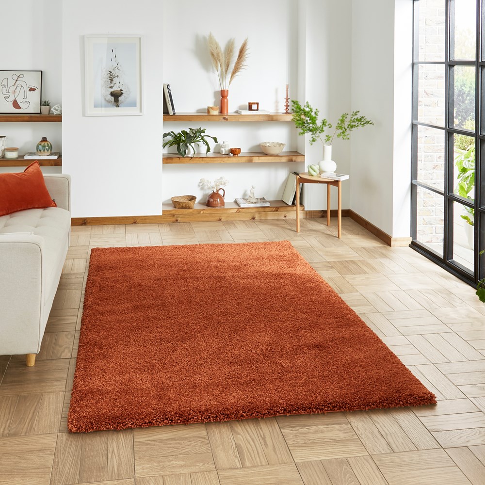 Sierra 9000 Plain Shaggy Modern Rugs in Terracotta Orange